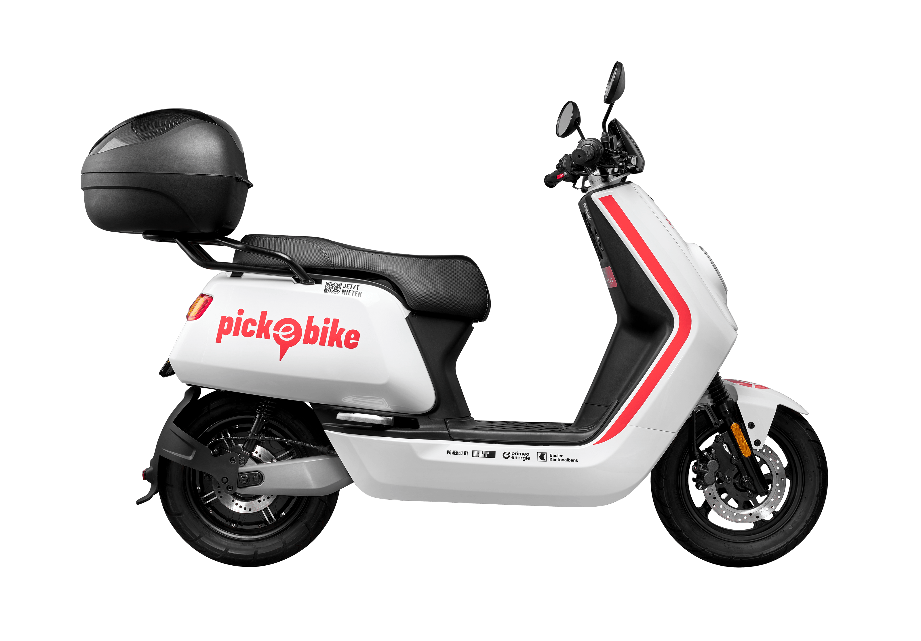 Un e-scooter blanc avec le logo rouge de Pike-e-Bike se trouve devant un fond blanc neutre.